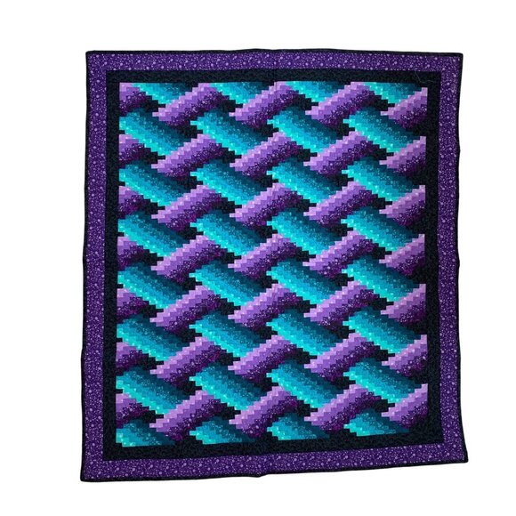 Handmade Weaver Fever Wall Hanging Quilt Purple Teal Woven Pattern 48" x 43.75" - Picture 1 of 3